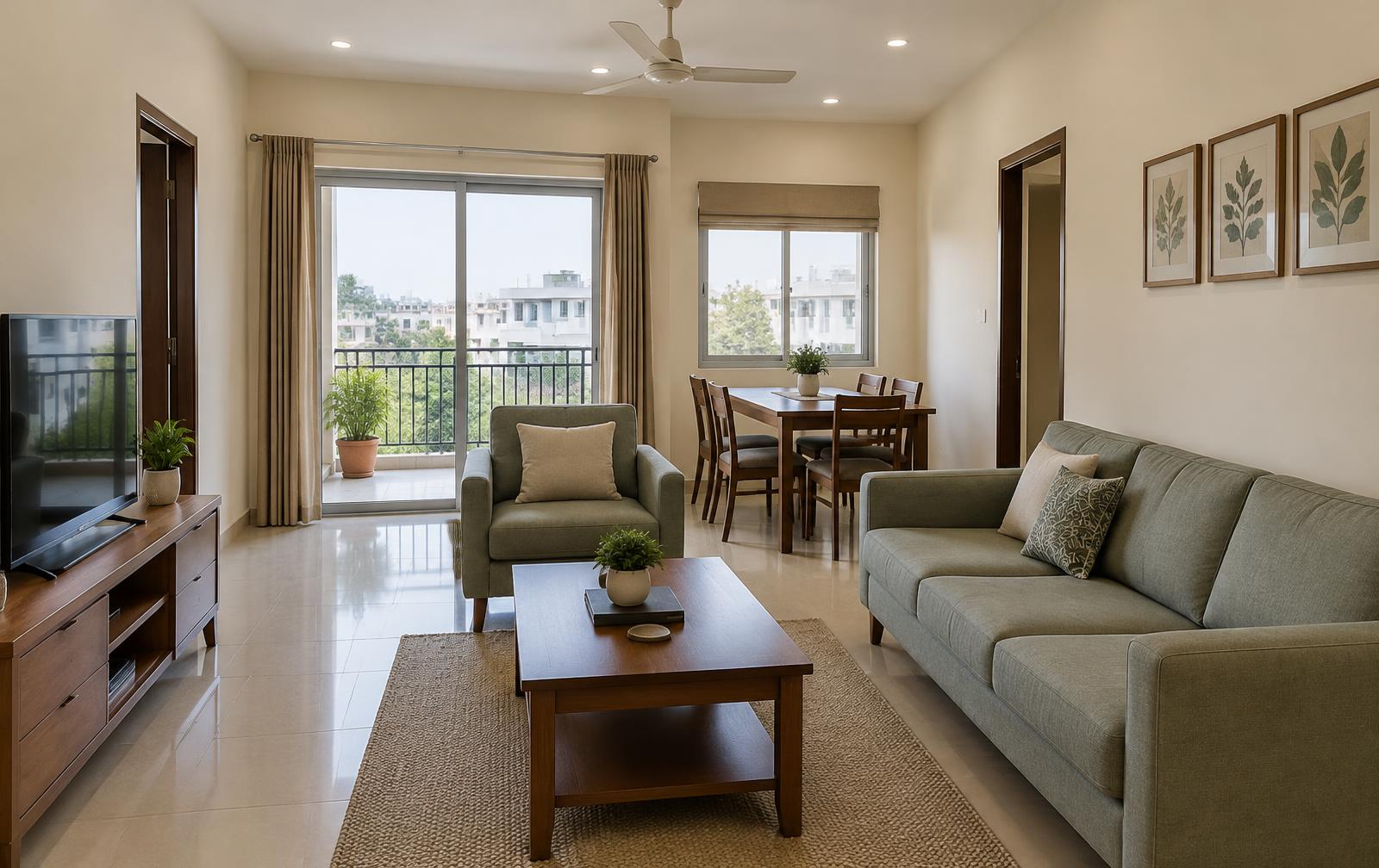 Illustrative living and dining room with practical furnishings and balcony access
